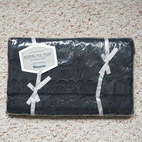 Wamsutta Supercale Plus King Flat Sheet Black Lace Scallop Trim 200 Thread New - Picture 1 of 7